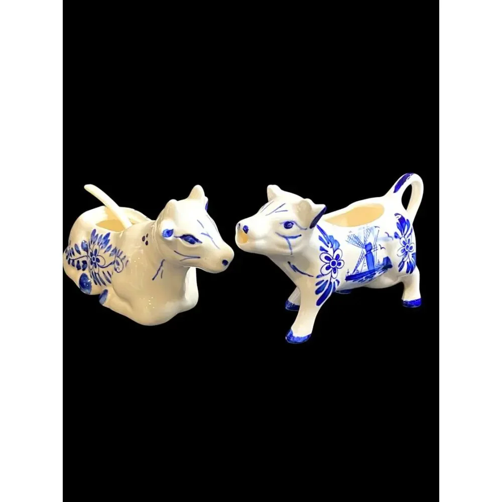 Vintage Delft Style Figural Cow Creamer and Sugar Set Windmill Design